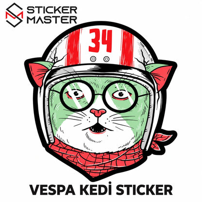 Vespa Kedi Sticker 34 numaralı kasklı kedi ana ürün görseli