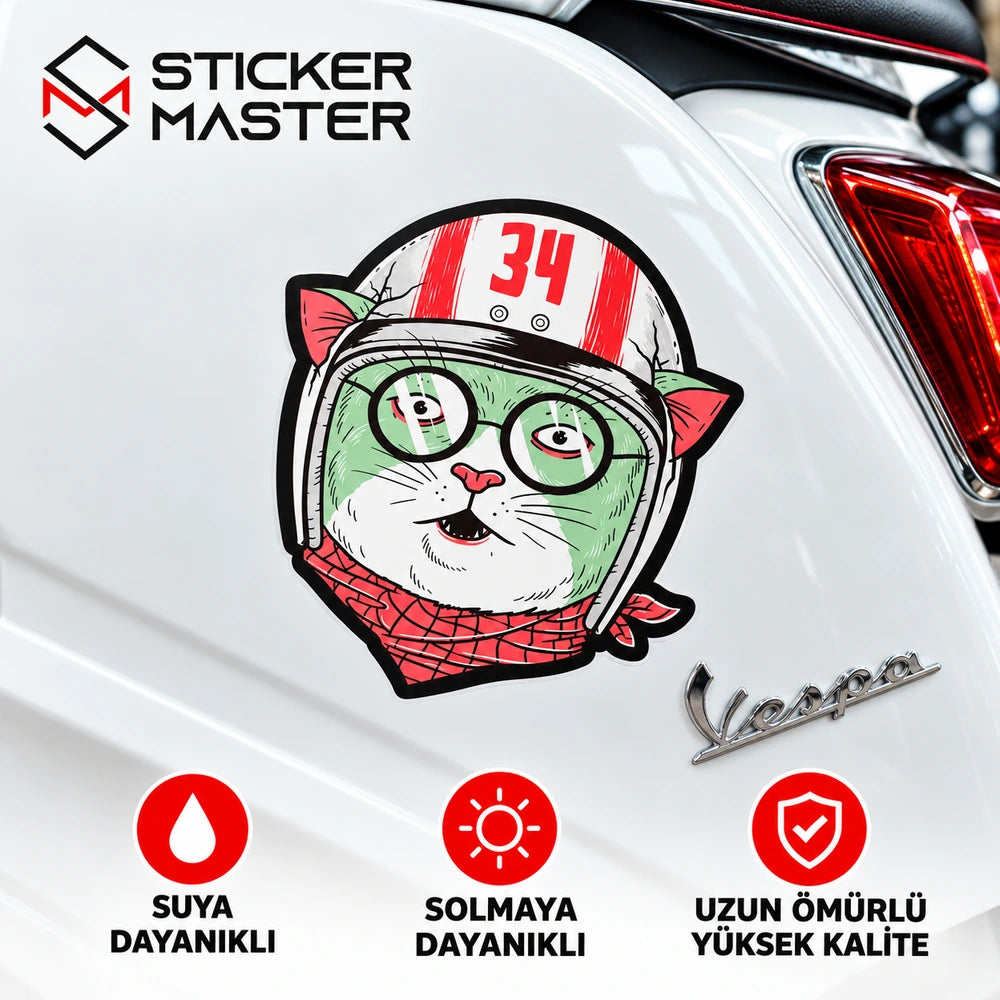 Vespa Kedi Sticker beyaz scooter üzerinde uygulama örneği