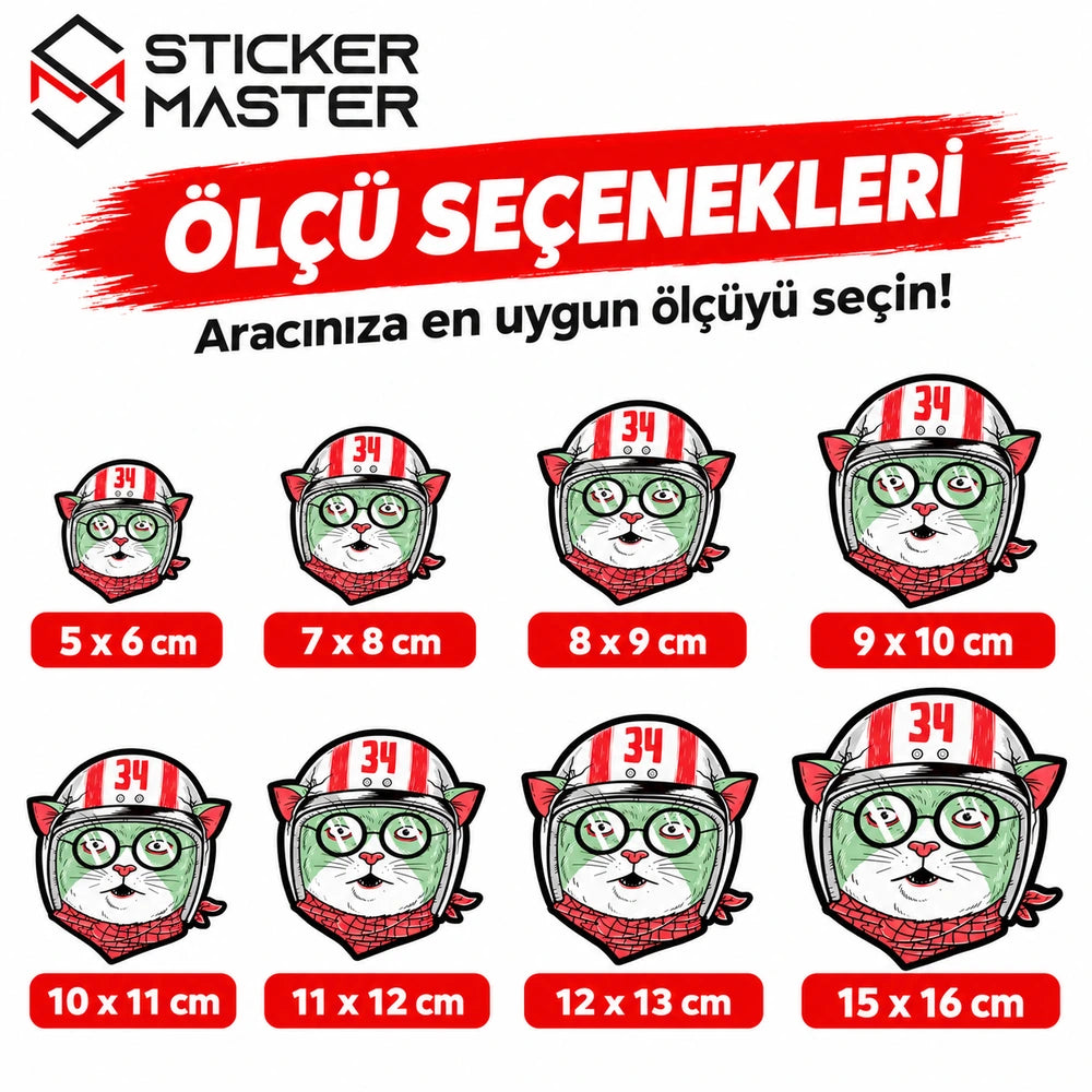 Vespa Kedi Sticker küçük ve büyük ölçü karşılaştırması