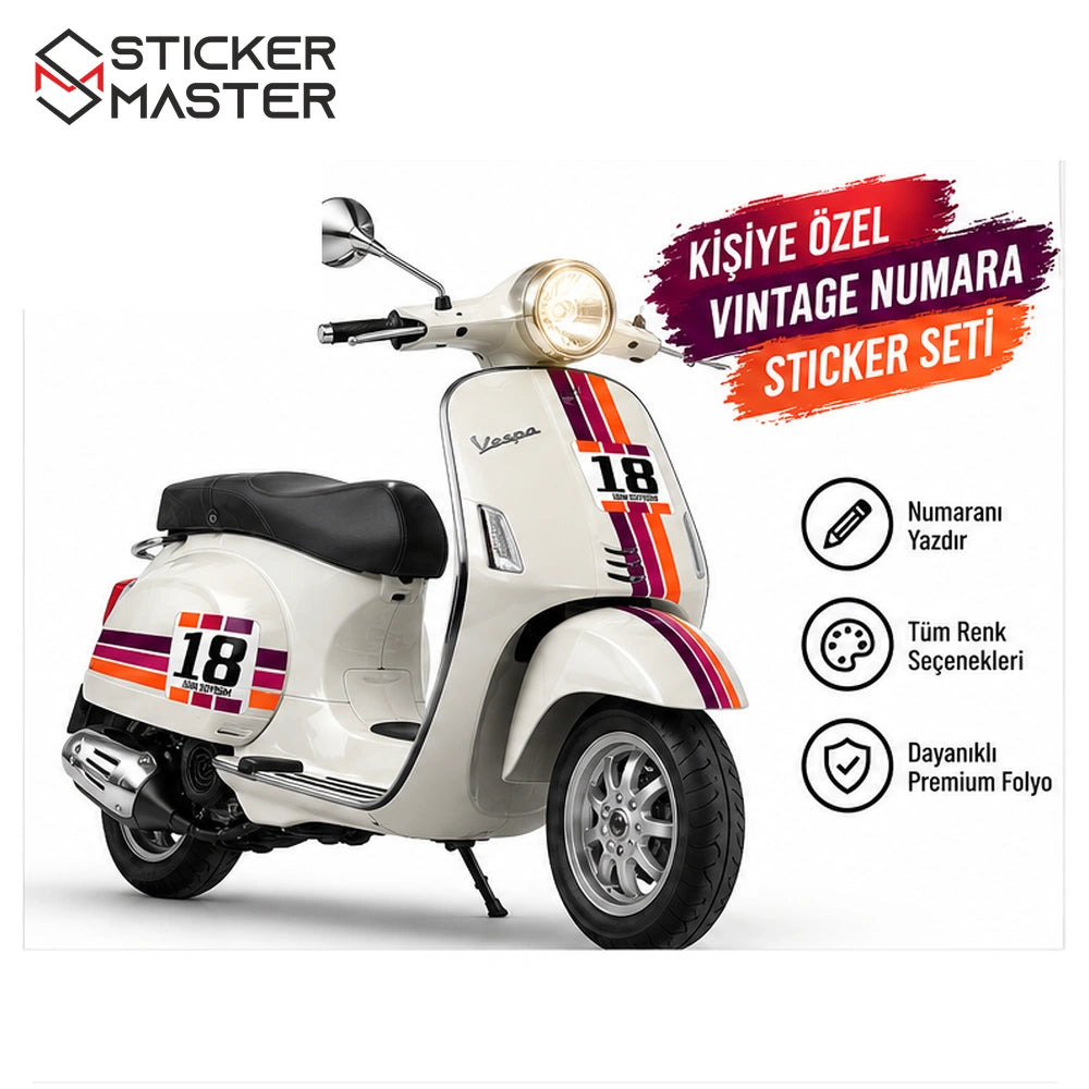 Vespa uyumlu kişiye özel numara ve isim sticker seti mor bordo turuncu ana ürün görseli