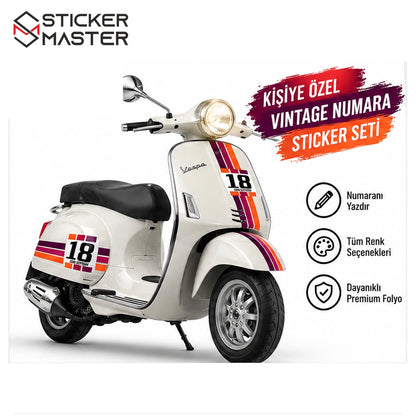Vespa uyumlu kişiye özel numara ve isim sticker seti mor bordo turuncu ana ürün görseli