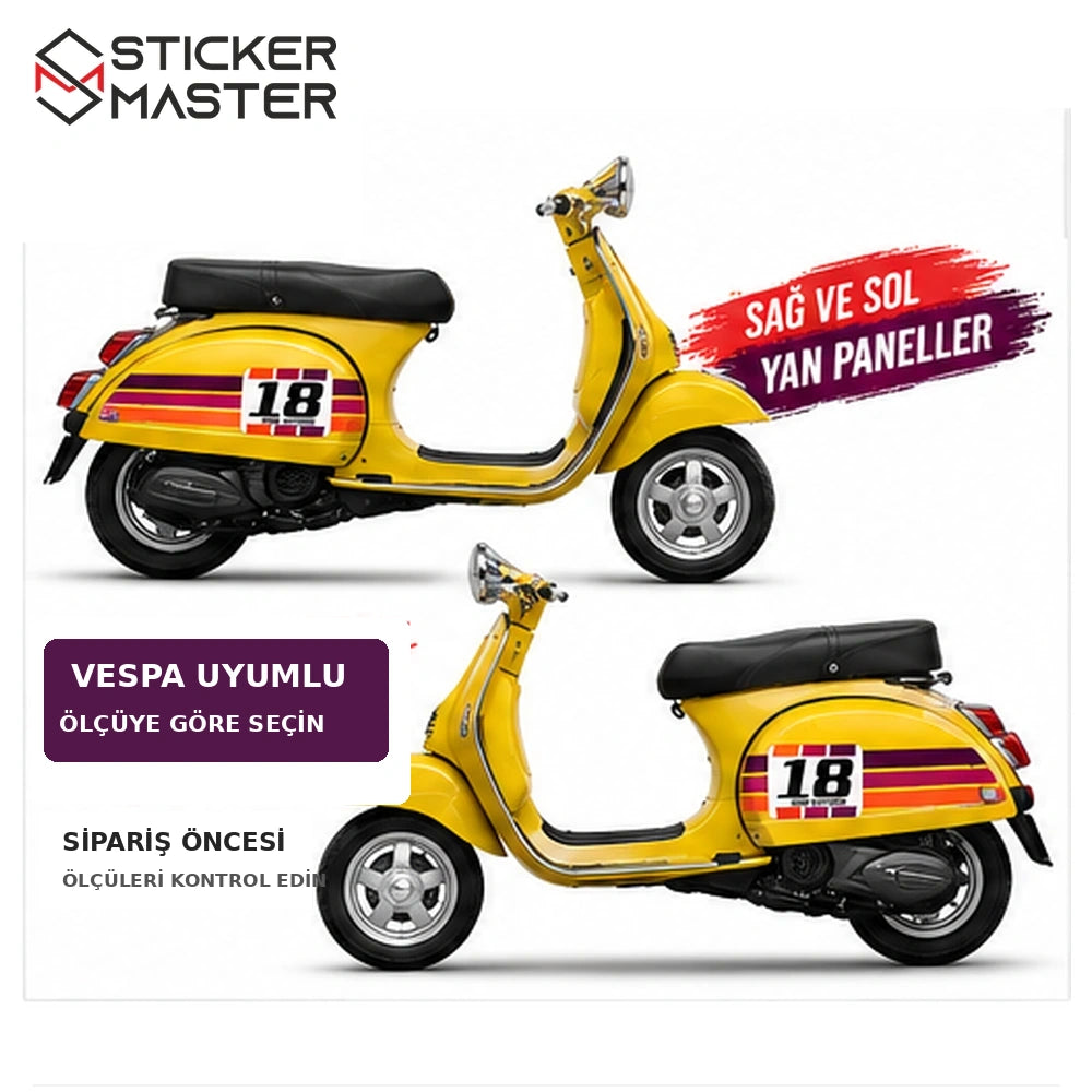 Vespa uyumlu kişiye özel numara sticker seti scooter yan panellerinde örnek uygulama görünümü