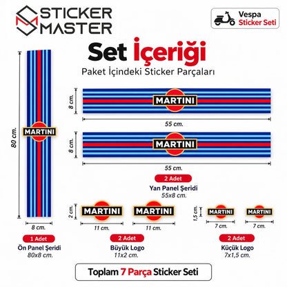 Vespa Martini sticker seti 7 parça set içeriği ve ölçüleri