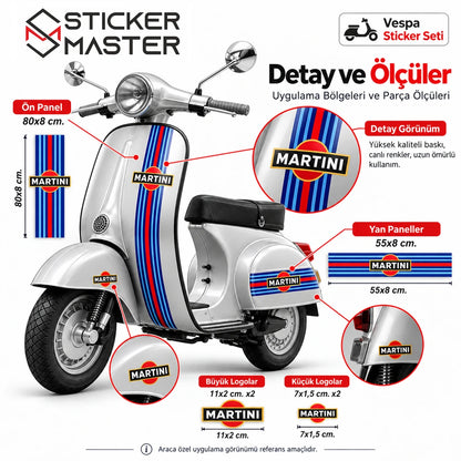 Vespa Martini sticker seti ön ve yan panel ölçüleri