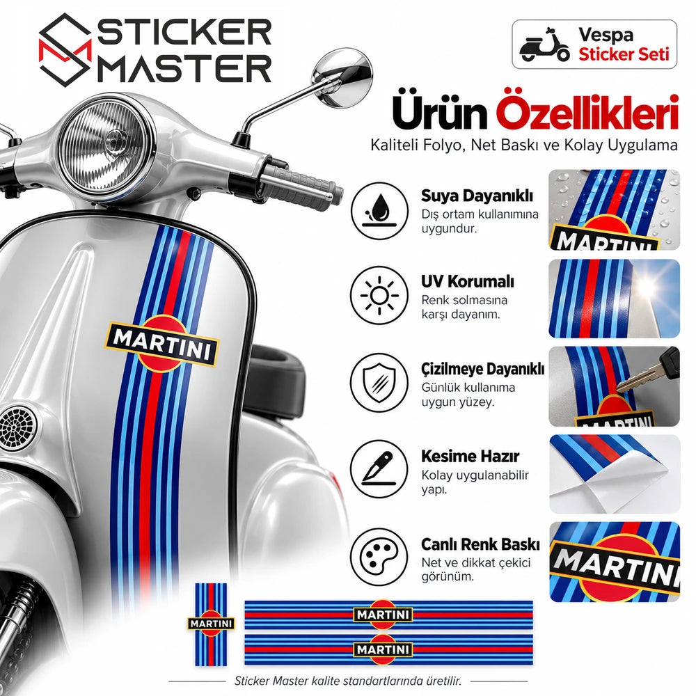 Vespa Martini sticker seti su UV dayanıklılık ve ürün özellikleri