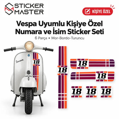 Vespa uyumlu kişiye özel numara ve isim sticker seti 6 parça yeni ana ürün görseli
