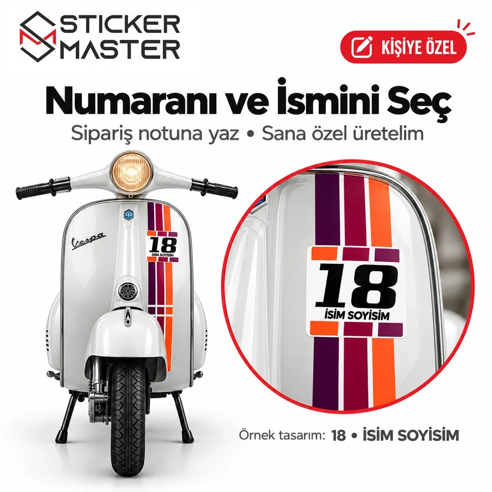 Vespa kişiye özel numara isim sticker tasarımı siparişe özel 18 numara uygulaması