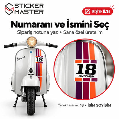 Vespa kişiye özel numara isim sticker tasarımı siparişe özel 18 numara uygulaması