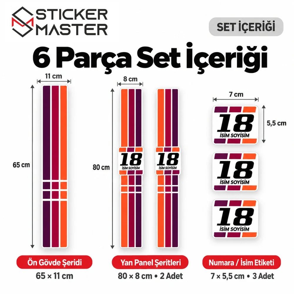 Vespa sticker seti 65×11 ön şerit 80×8 yan şerit 7×5,5 numara etiketi 6 parça