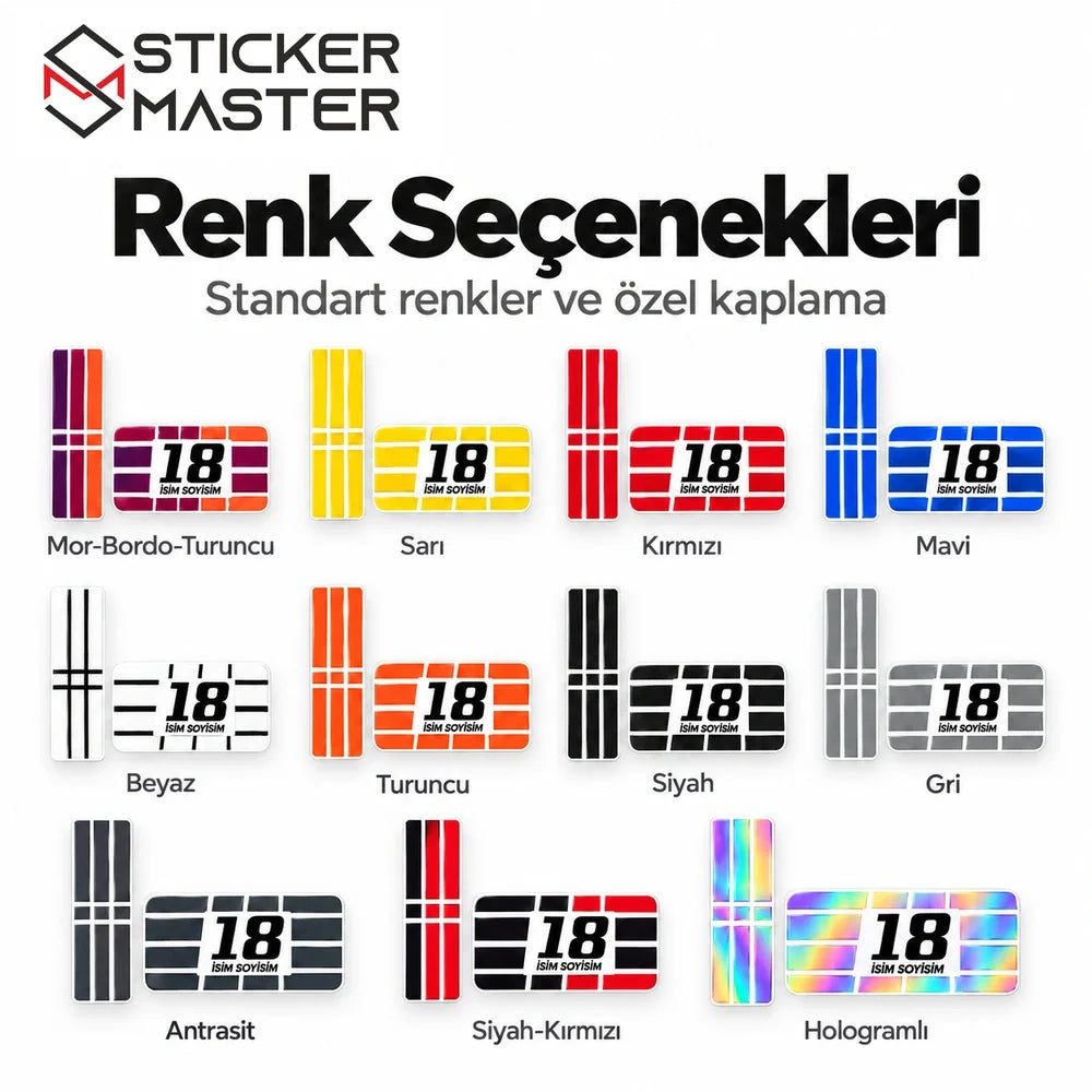Vespa uyumlu 11 renk seçenekli hologramlı isim numara sticker seti
