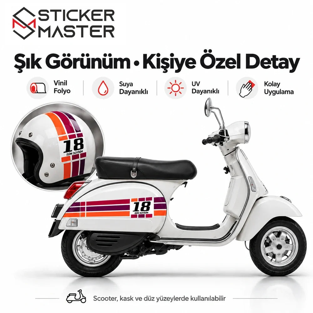 Vespa ve scooter üzerinde kişiye özel numara ve isim stickerı uygulama görünümü
