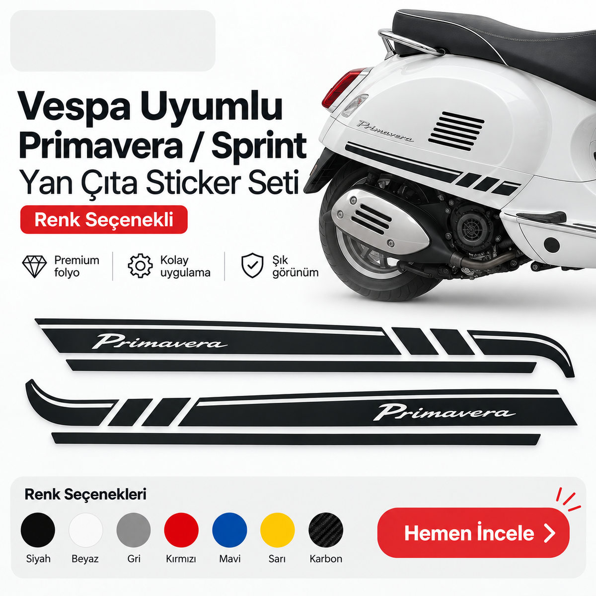 Vespa uyumlu Primavera Sprint yan çıta sticker seti renk seçenekli ana görsel - Sticker Master