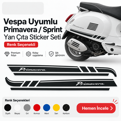 Vespa uyumlu Primavera Sprint yan çıta sticker seti renk seçenekli ana görsel - Sticker Master