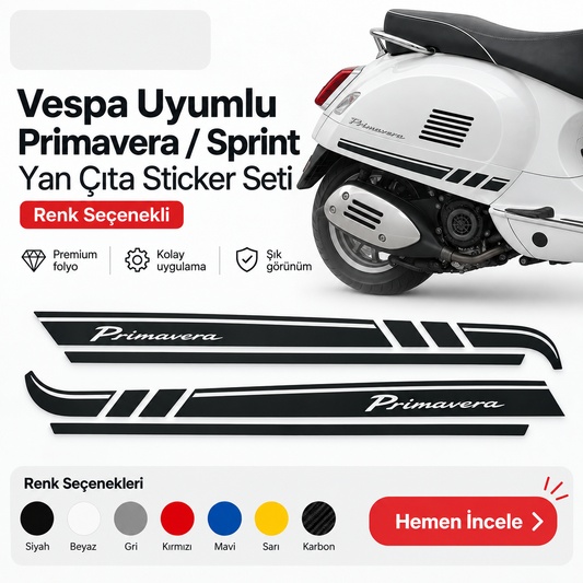 Vespa uyumlu Primavera Sprint yan çıta sticker seti renk seçenekli ana görsel - Sticker Master