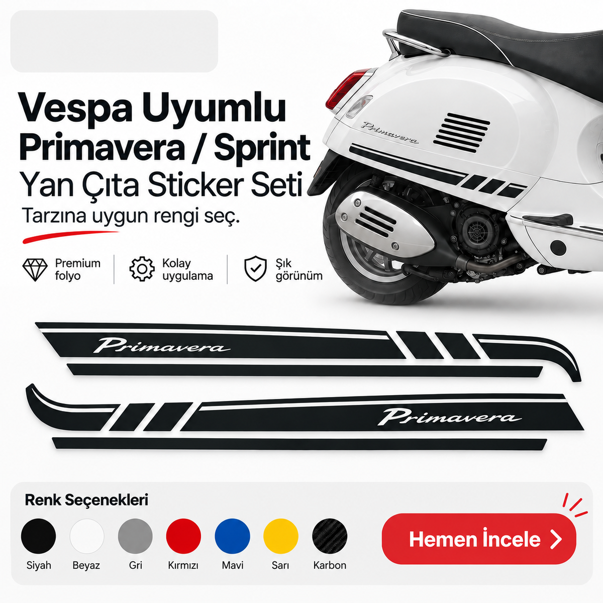 Vespa uyumlu Primavera Sprint yan çıta sticker seti renk seçenekleri - Sticker Master