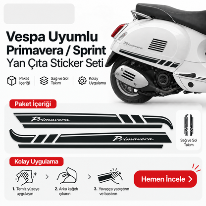 Vespa uyumlu Primavera Sprint yan çıta sticker seti paket içeriği ve uygulama - Sticker Master