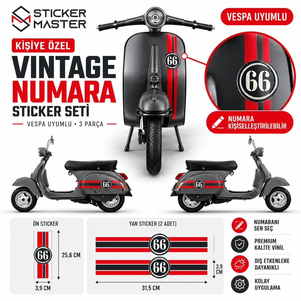Vespa uyumlu kişiye özel vintage numara sticker seti kırmızı siyah görsel