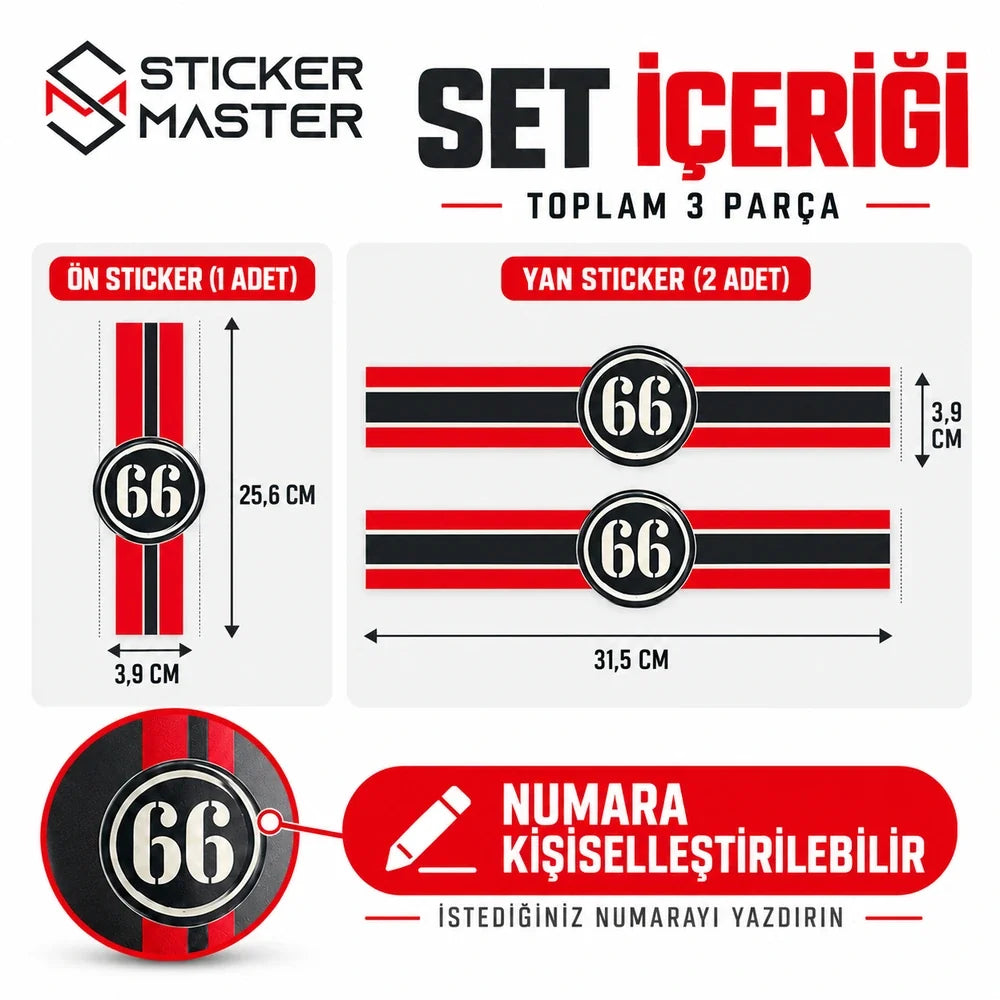 Vespa kişiye özel numara sticker seti kırmızı siyah 3 parça set içeriği