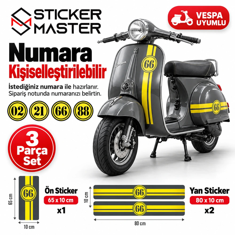 Vespa uyumlu kişiye özel vintage numara şerit sticker seti 3 parça ana görsel