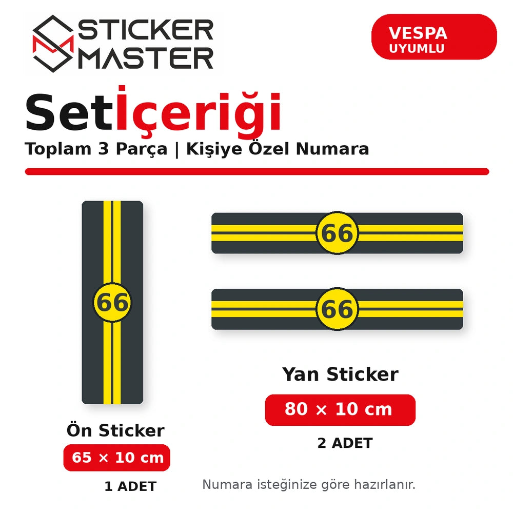 Vespa kişiye özel numara sticker seti 65×10 cm ön şerit ve 80×10 cm iki yan şerit set içeriği