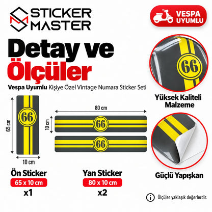 Vespa kişiye özel vintage yarış numarası çıkartması ölçüler ve malzeme detayı
