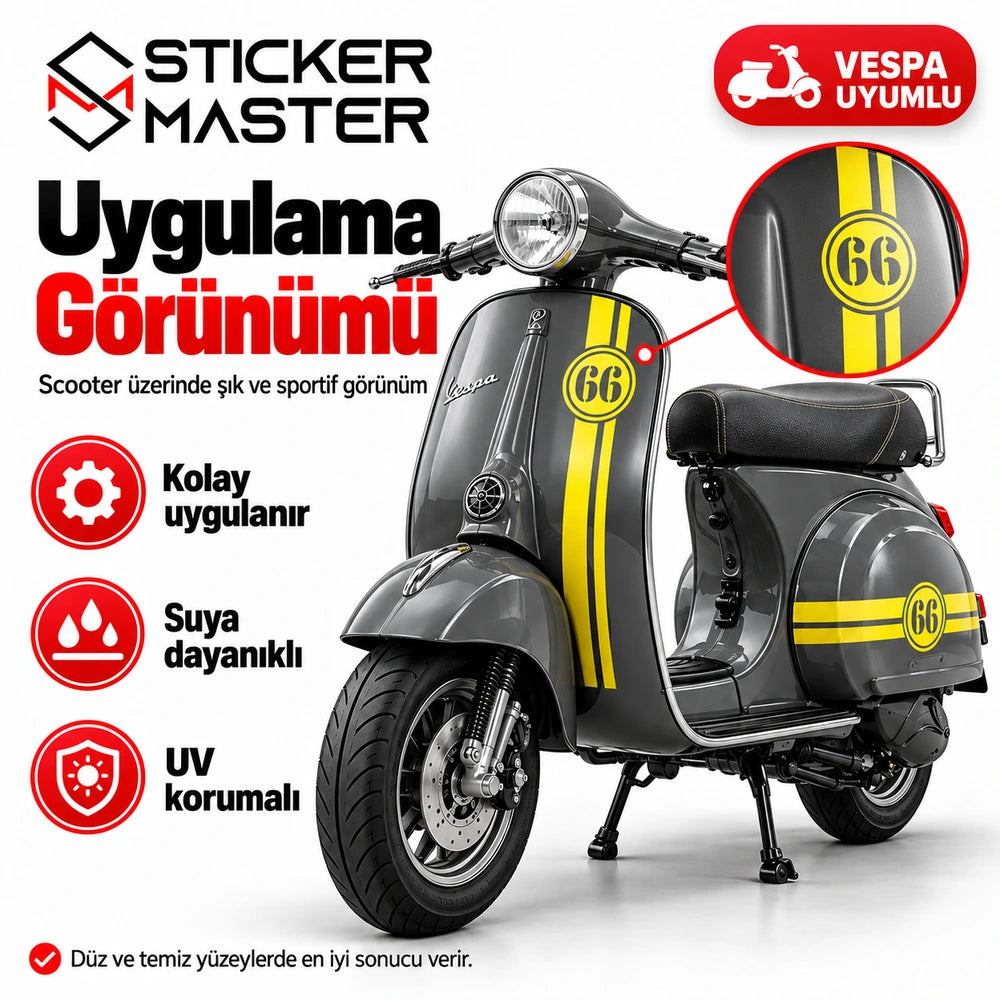 Vespa scooter üzerine kişiye özel yarış numarası şerit sticker uygulama görünümü
