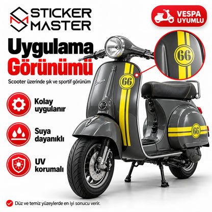 Vespa scooter üzerine kişiye özel yarış numarası şerit sticker uygulama görünümü