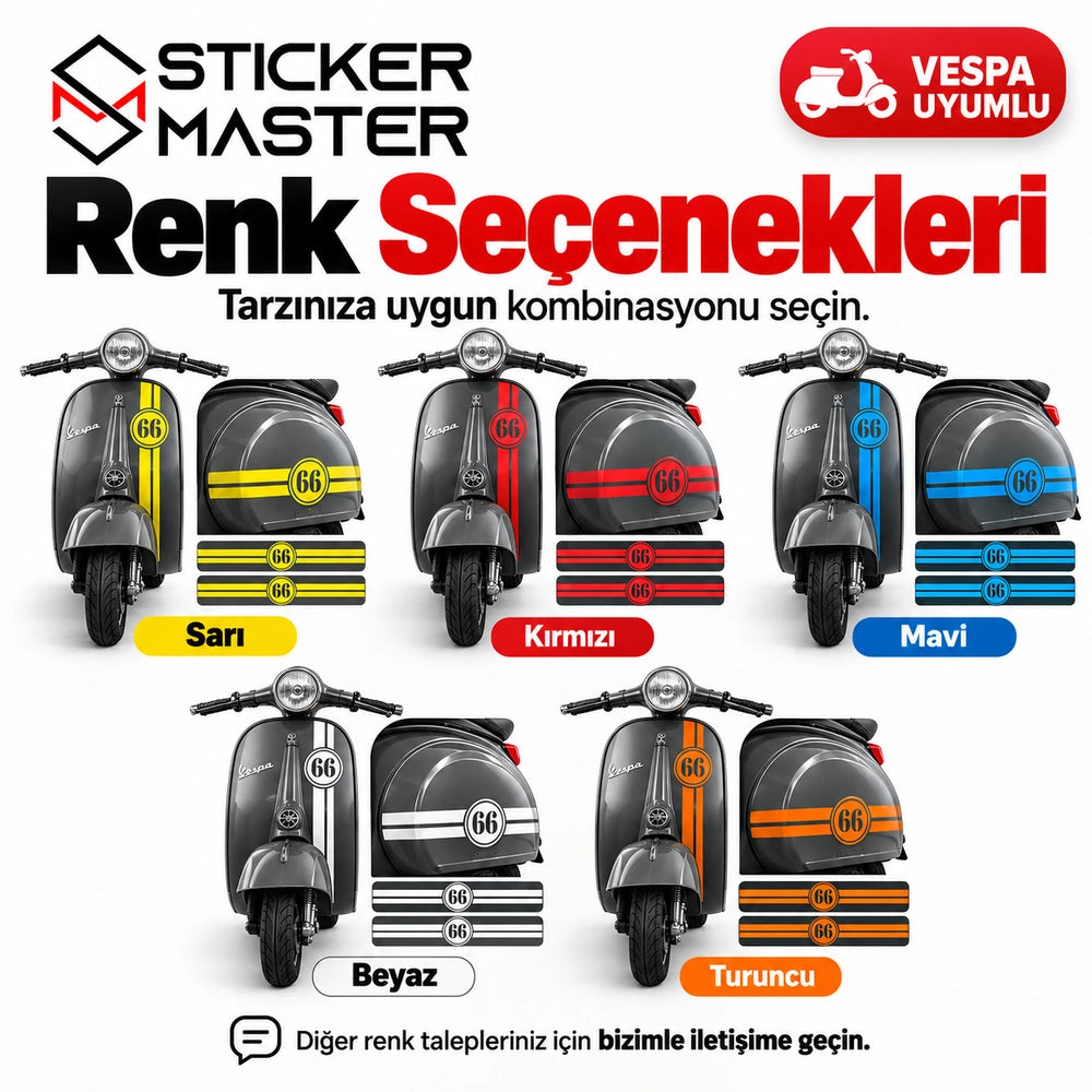 Vespa vintage yarış şeridi sticker seti Sarı Kırmızı Mavi Beyaz Turuncu renk seçenekleri