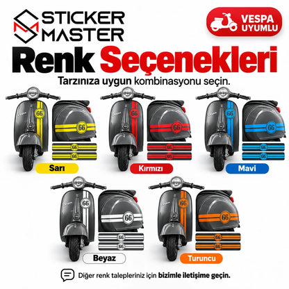 Vespa vintage yarış şeridi sticker seti Sarı Kırmızı Mavi Beyaz Turuncu renk seçenekleri