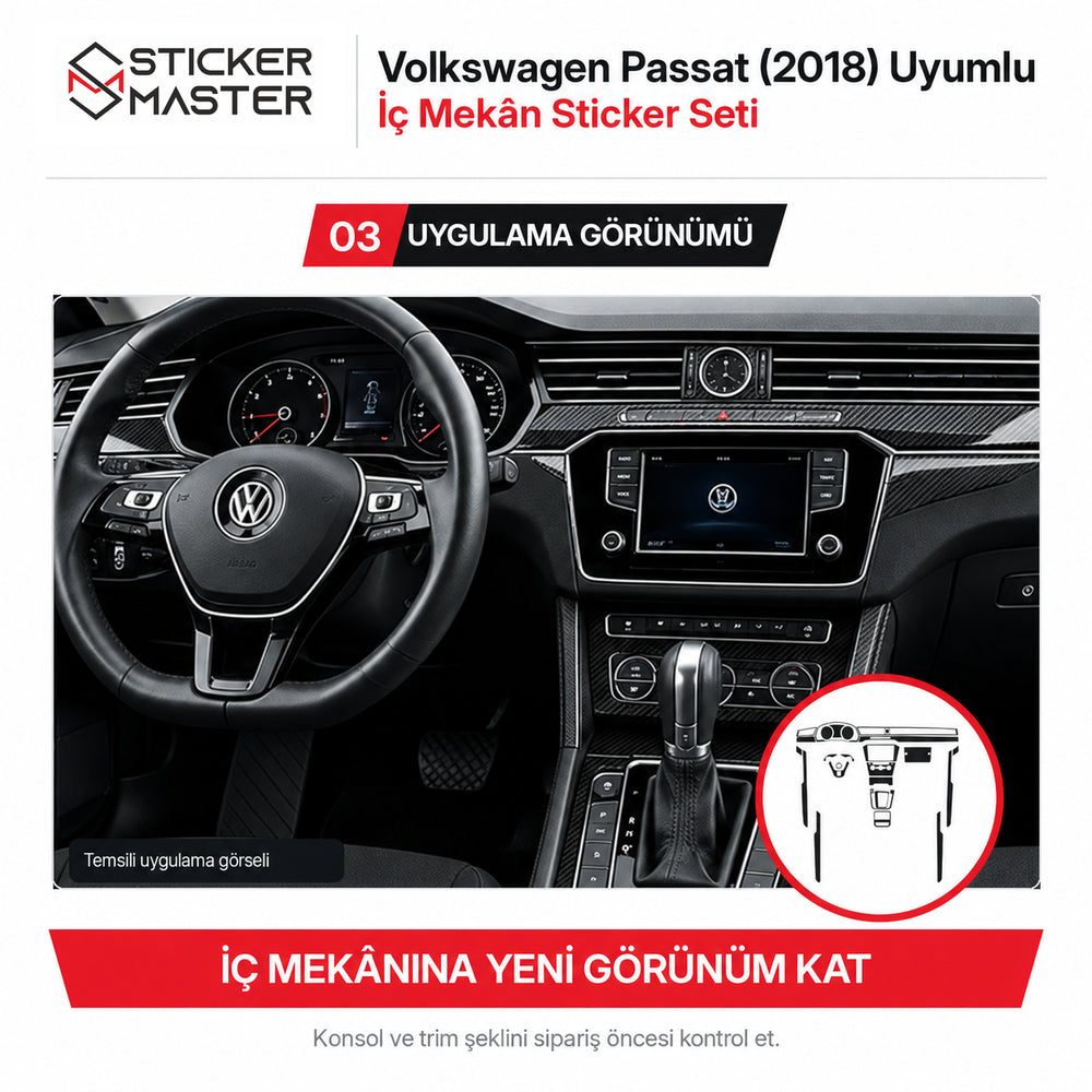 Volkswagen Passat 2018 konsol ve iç trim karbon desenli temsili uygulama