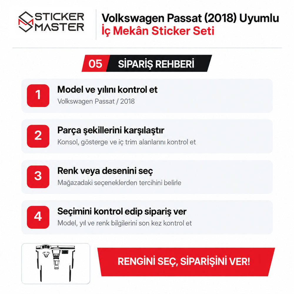 Volkswagen Passat 2018 iç mekân sticker seti model ve renk seçim rehberi