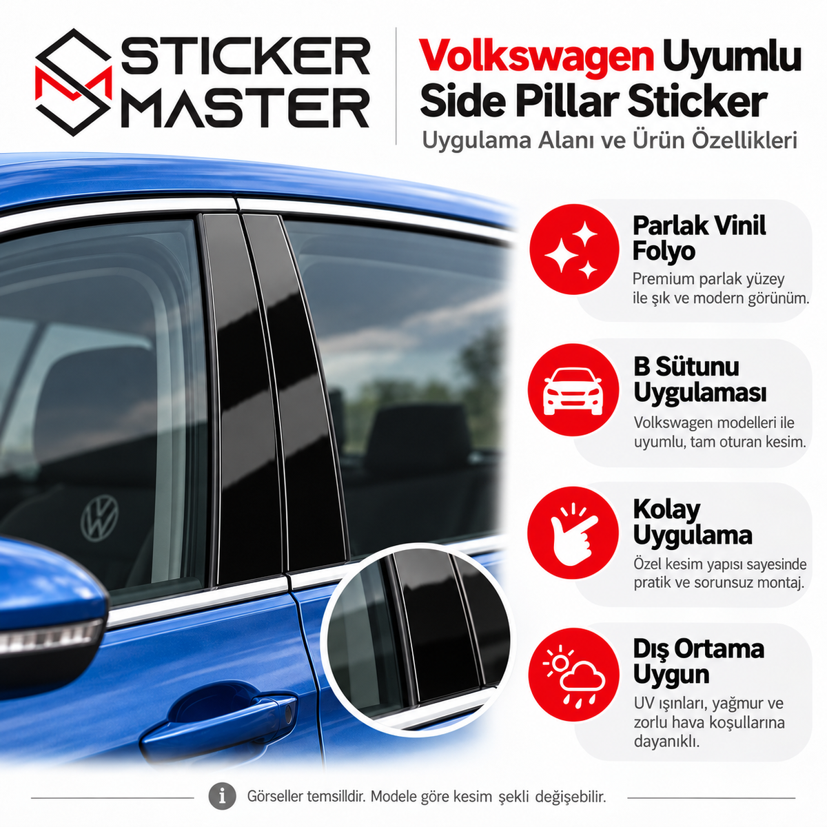 Volkswagen Side Pillar B sütunu vinil sticker uygulama alanı ve özellikleri