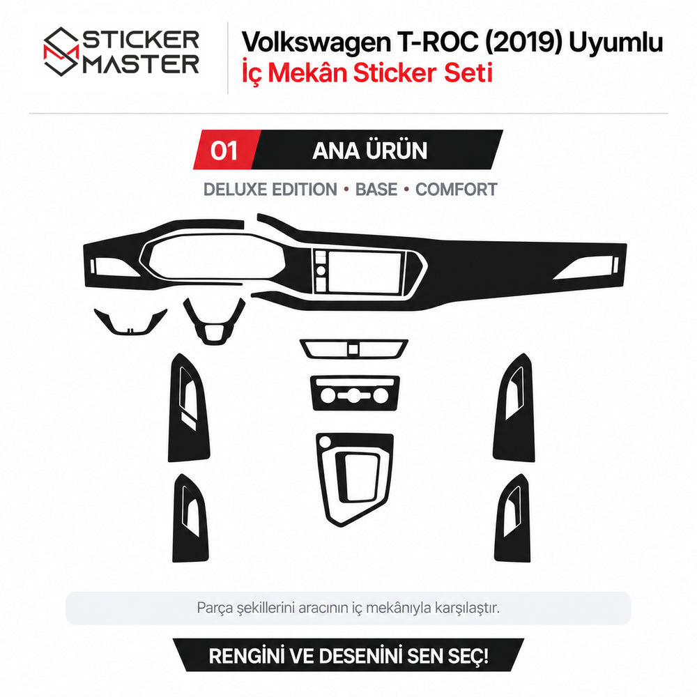 Volkswagen T-ROC 2019 Deluxe Edition Base Comfort uyumlu iç mekân sticker seti