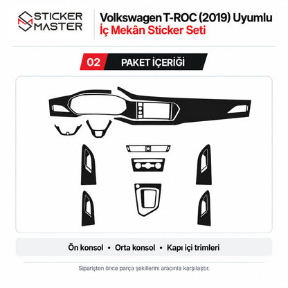 Volkswagen T-ROC 2019 konsol ve kapı içi trim sticker seti paket içeriği