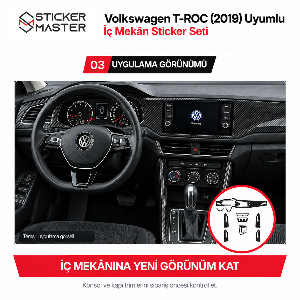 Volkswagen T-ROC 2019 iç mekân karbon desenli temsili uygulama görünümü