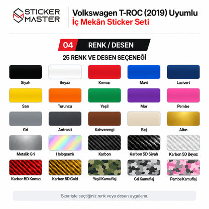 Volkswagen T-ROC 2019 iç mekân sticker seti 25 renk ve desen seçeneği