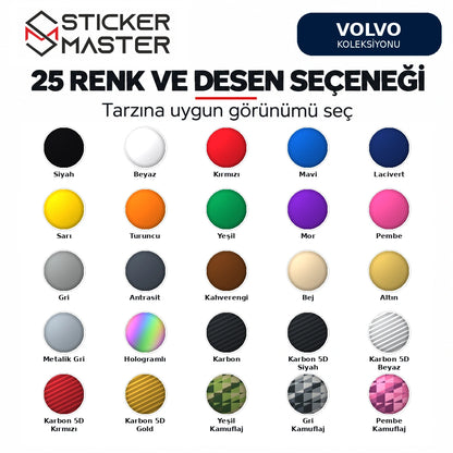 Volvo kapı direği sticker 25 renk ve desen: 17 standart 5 karbon 3 kamuflaj