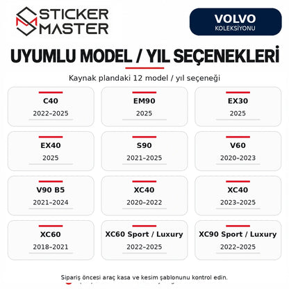 Volvo 12 model ve yıl seçeneği C40 EM90 EX30 EX40 S90 V60 V90 XC40 XC60 XC90