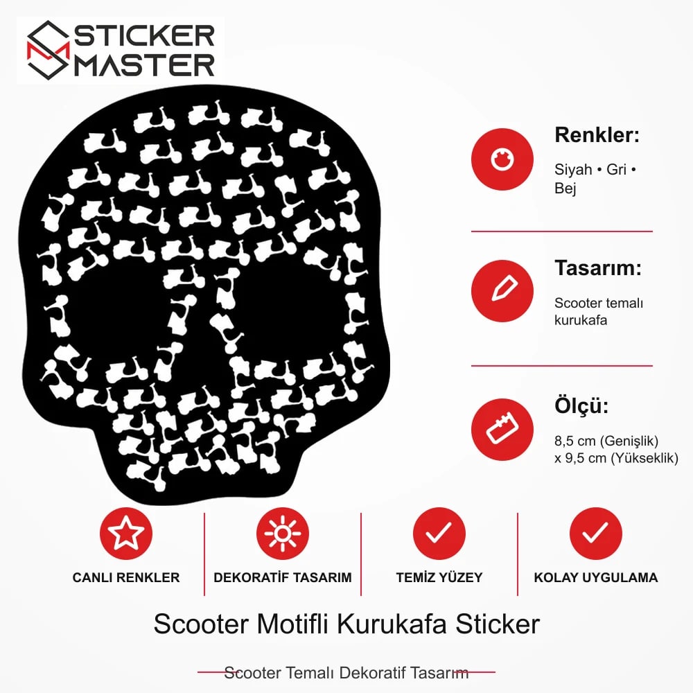 Vespa Uyumlu Scooter Motifli Kurukafa Sticker VSP10 ölçü, renk ve ürün bilgisi - 8,5 cm (Genişlik) x 9,5 cm (Yükseklik) - Sticker Master