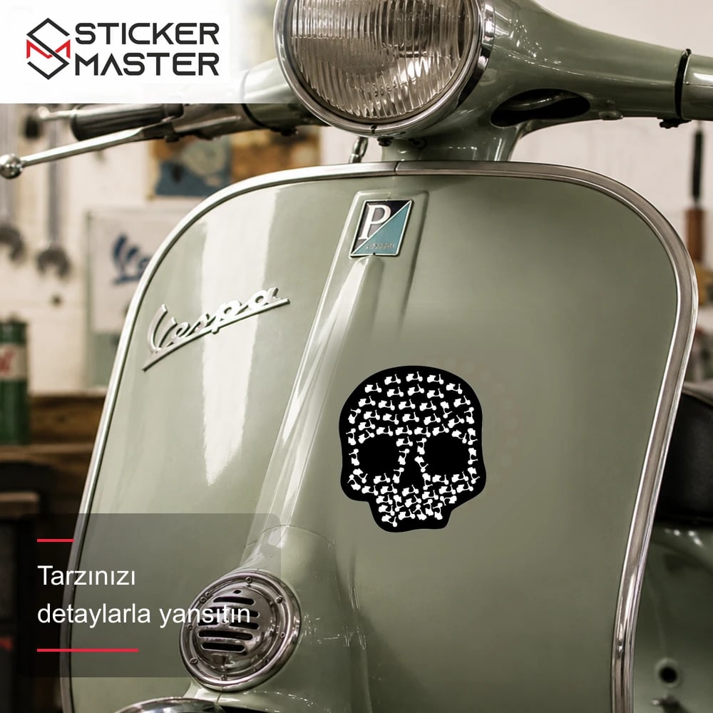 Vespa Uyumlu Scooter Motifli Kurukafa Sticker VSP10 scooter üzerinde uygulama örneği - Sticker Master