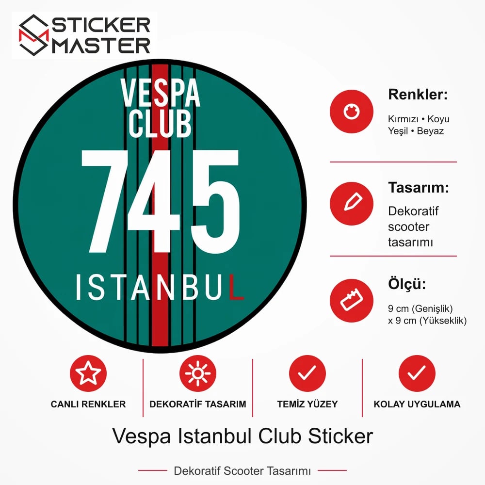Vespa Uyumlu Istanbul Club Sticker VSP20 ölçü, renk ve ürün bilgisi - 9 cm (Genişlik) x 9 cm (Yükseklik) - Sticker Master