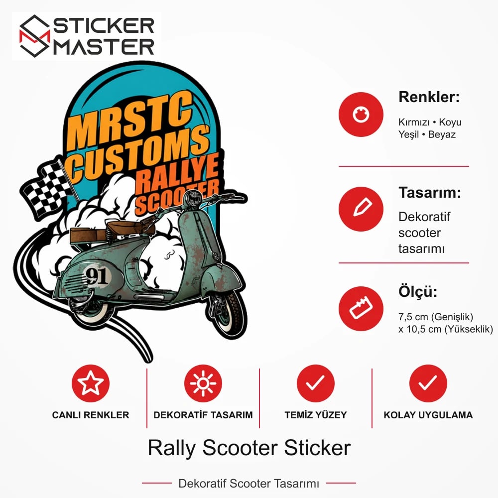 Vespa Uyumlu Rally Scooter Sticker VSP26 ölçü, renk ve ürün bilgisi - 7,5 cm (Genişlik) x 10,5 cm (Yükseklik) - Sticker Master