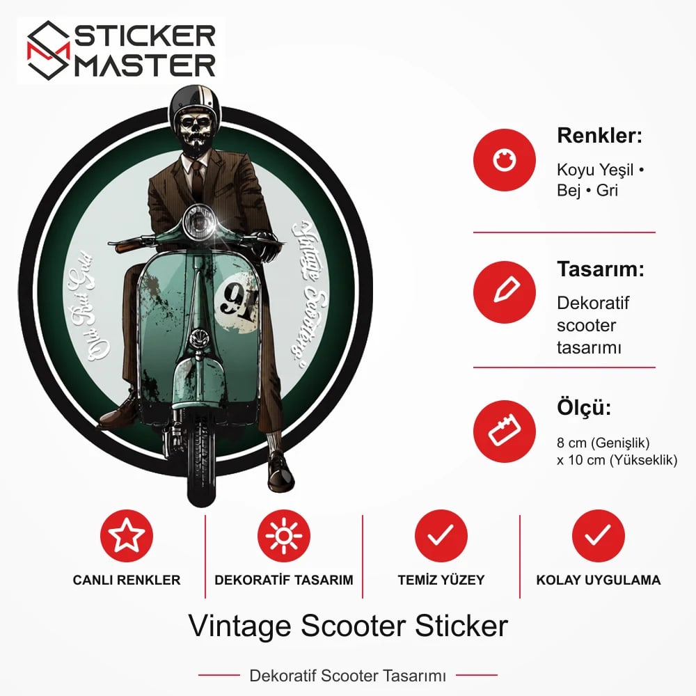 Vespa Uyumlu Vintage Scooter Sticker VSP28 ölçü, renk ve ürün bilgisi - 8 cm (Genişlik) x 10 cm (Yükseklik) - Sticker Master