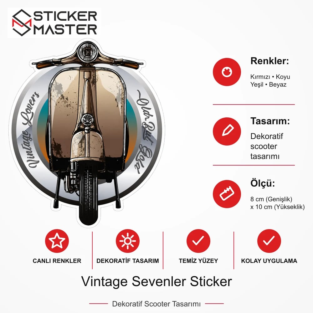 Vespa Uyumlu Vintage Sevenler Sticker VSP29 ölçü, renk ve ürün bilgisi - 8 cm (Genişlik) x 10 cm (Yükseklik) - Sticker Master
