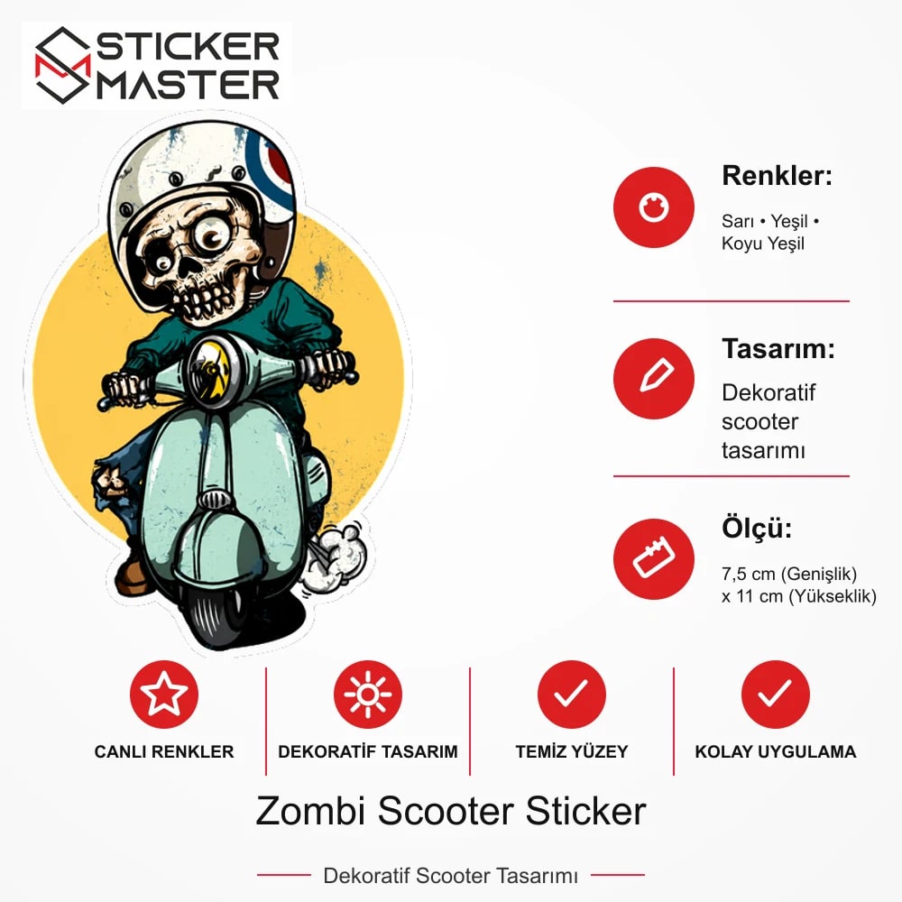 Vespa Uyumlu Zombi Scooter Sticker VSP30 ölçü, renk ve ürün bilgisi - 7,5 cm (Genişlik) x 11 cm (Yükseklik) - Sticker Master