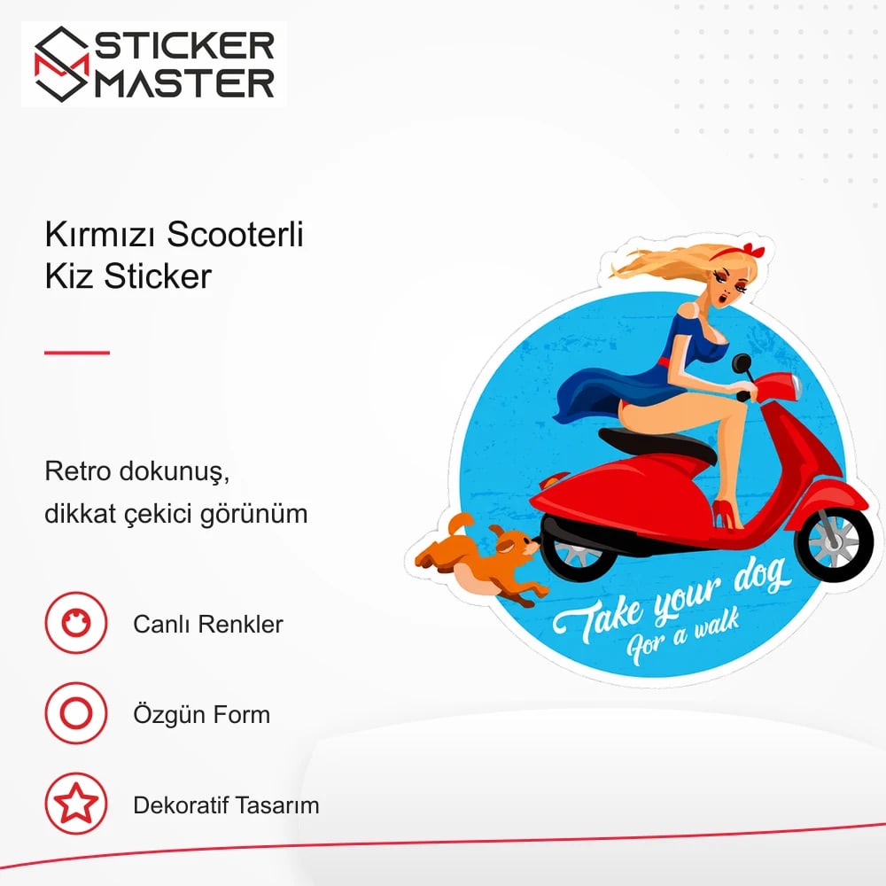 Vespa Uyumlu Kırmızı Scooterli Kiz Sticker VSP32 retro tasarım ve kullanım özellikleri - Sticker Master