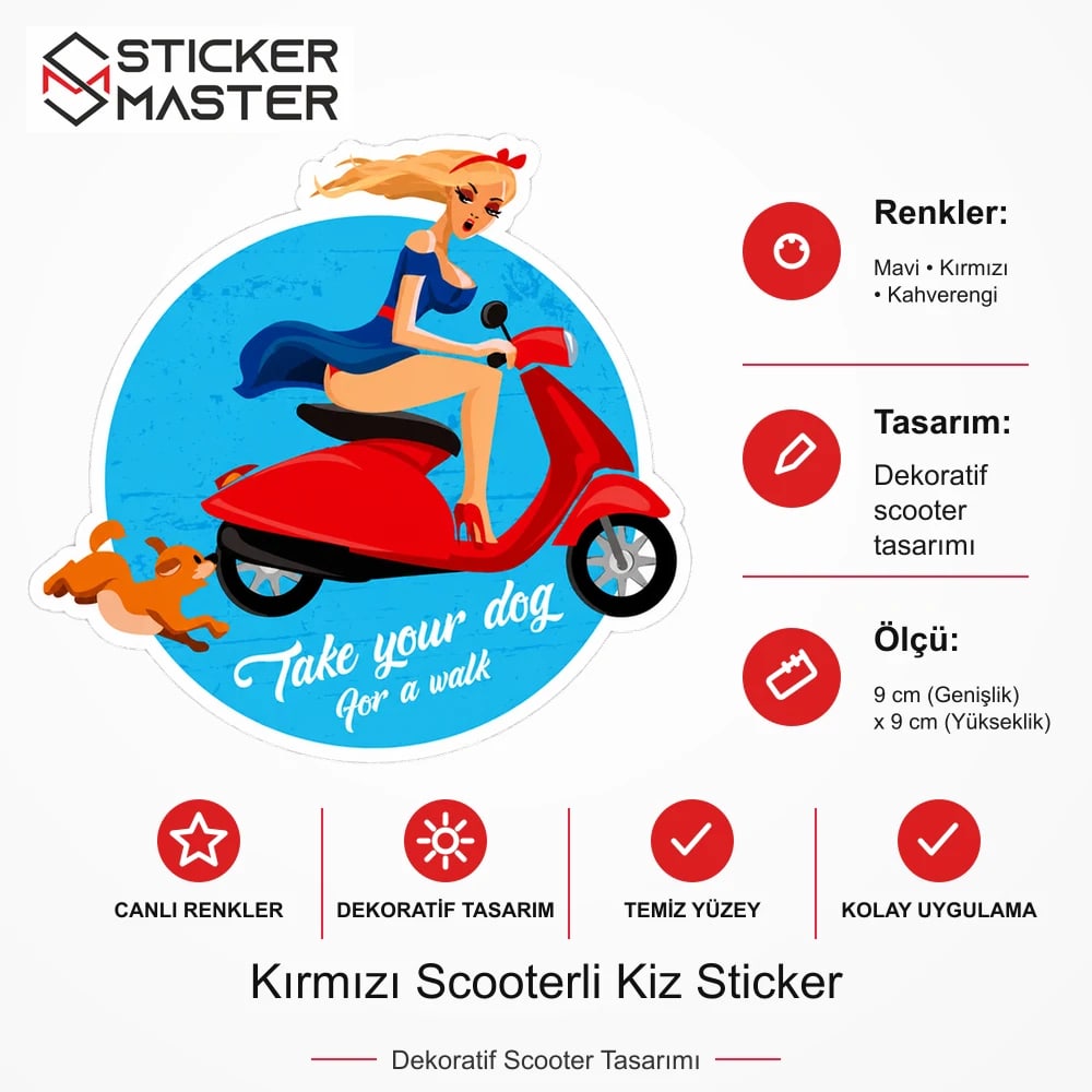 Vespa Uyumlu Kırmızı Scooterli Kiz Sticker VSP32 ölçü, renk ve ürün bilgisi - 9 cm (Genişlik) x 9 cm (Yükseklik) - Sticker Master