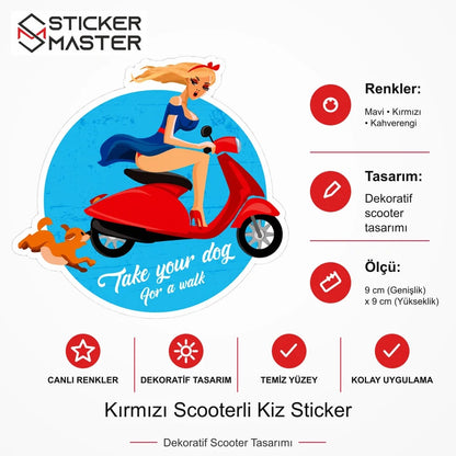Vespa Uyumlu Kırmızı Scooterli Kiz Sticker VSP32 ölçü, renk ve ürün bilgisi - 9 cm (Genişlik) x 9 cm (Yükseklik) - Sticker Master