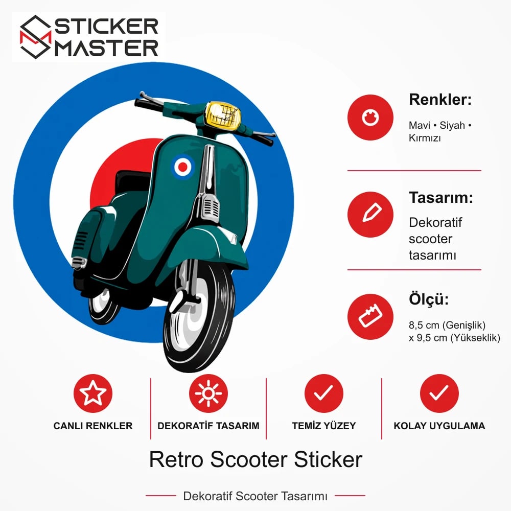Vespa Uyumlu Retro Scooter Sticker VSP33 ölçü, renk ve ürün bilgisi - 8,5 cm (Genişlik) x 9,5 cm (Yükseklik) - Sticker Master