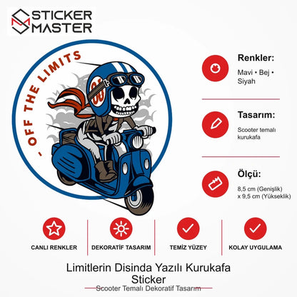 Vespa Uyumlu Limitlerin Disinda Yazılı Kurukafa Sticker VSP34 ölçü, renk ve ürün bilgisi - 8,5 cm (Genişlik) x 9,5 cm (Yükseklik) - Sticker Master